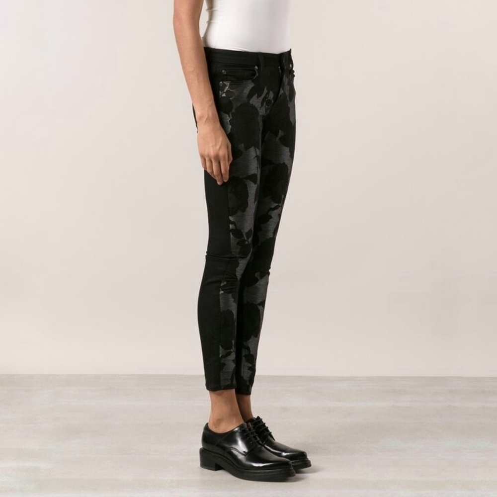7FAM Pieced Skinny Jeans Black Grey Floral Shantung Jacquard Roses women Size 29